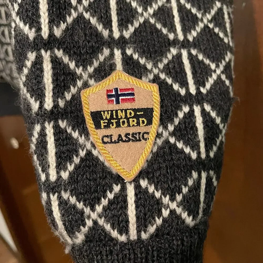 Windfjord Of Norway Wool Fair Isle 1/4 Zip Black White Mens XL Pull Over Sweater
